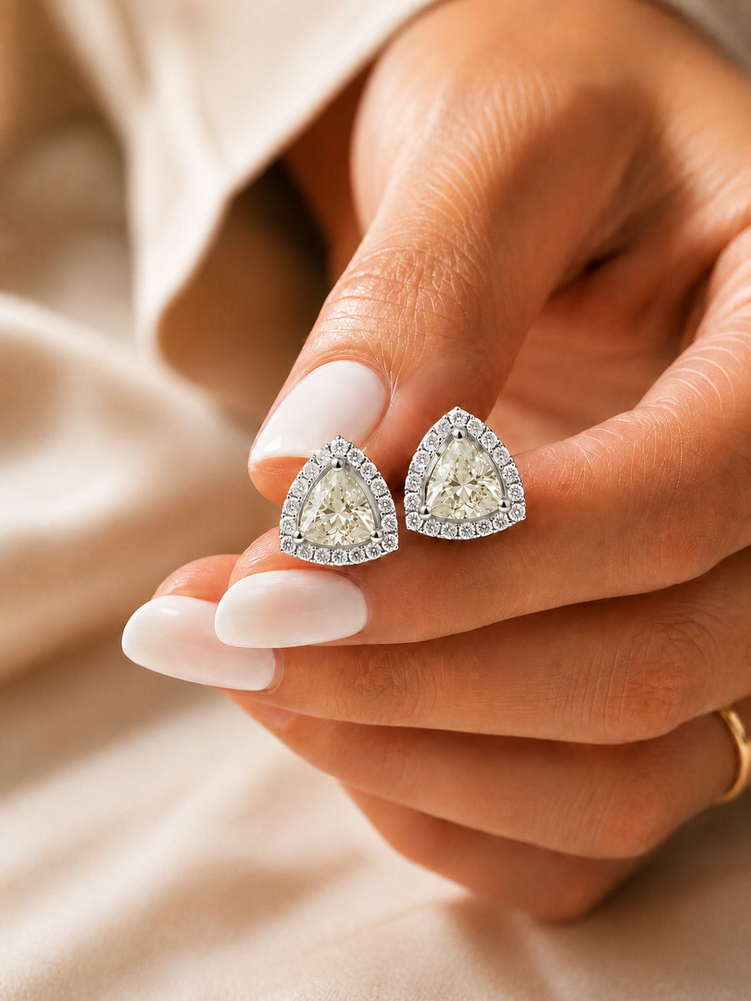 Trillion Cut American Diamond Canary Yellow Solitaire Stud Earrings for Women | Anti Tarnish Halo CZ Stud Earrings
