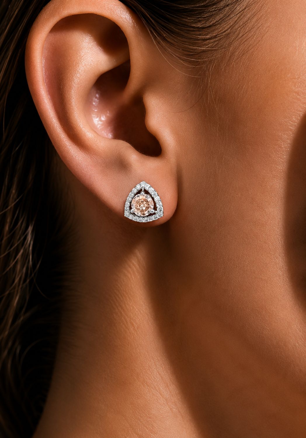 Trillion Cut American Diamond Peach Morganite Solitaire Stud Earrings for Women | Anti Tarnish Halo CZ Stud Earrings