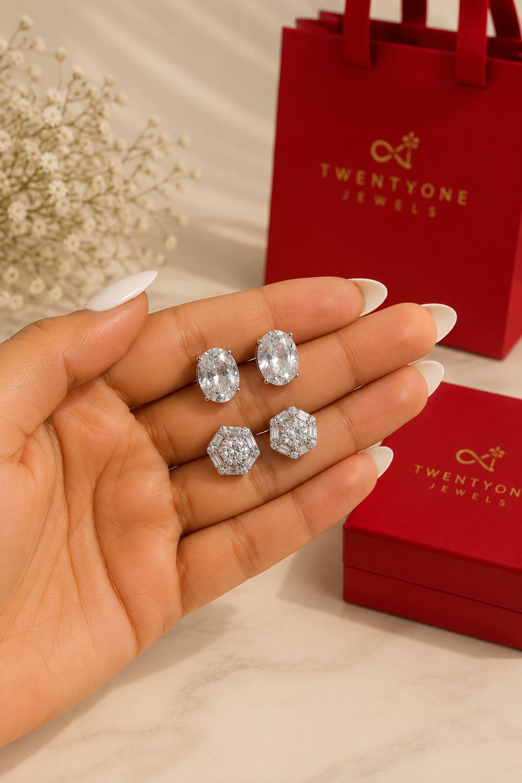 Twenty One Jewels Raksha Bandhan Combo of Oval Solitaire and Premium Ruth Earrings on Pure 925 Silver