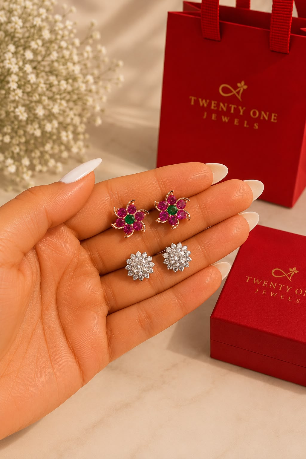 Twenty One Jewels Pure 925 Silver Combo of Ruby Floral Studs and Sunflower Solitaire Studs