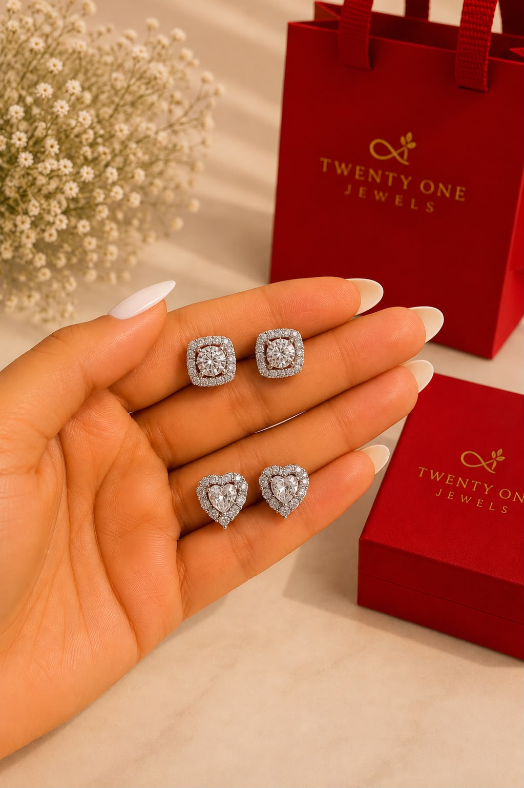 Twenty One Jewels Raksha Bandhan Gifting Combo of Petite Solitaire Studs with Square Halo and Heart Solitaire Halo Studs on Pure 925 Silver