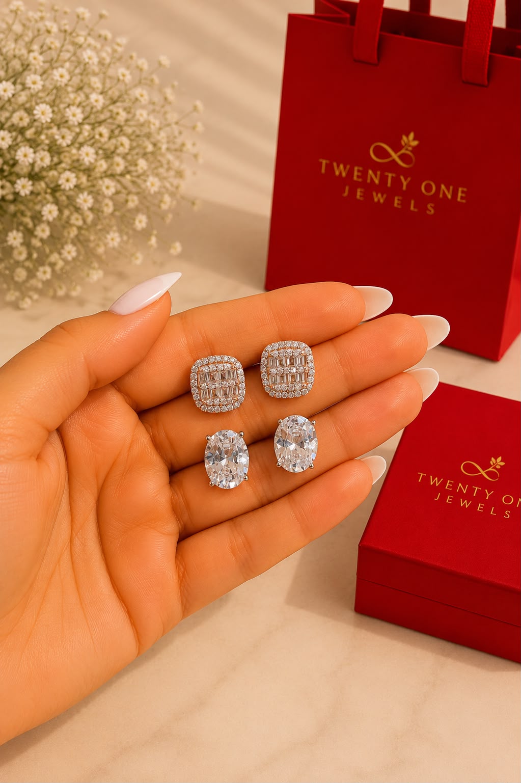 Twenty One Jewels Raksha Bandhan Combo of Rose Gold Baguette Studs and Oval Solitaire Studs on Pure 925 Silver on Pure 925 Silver