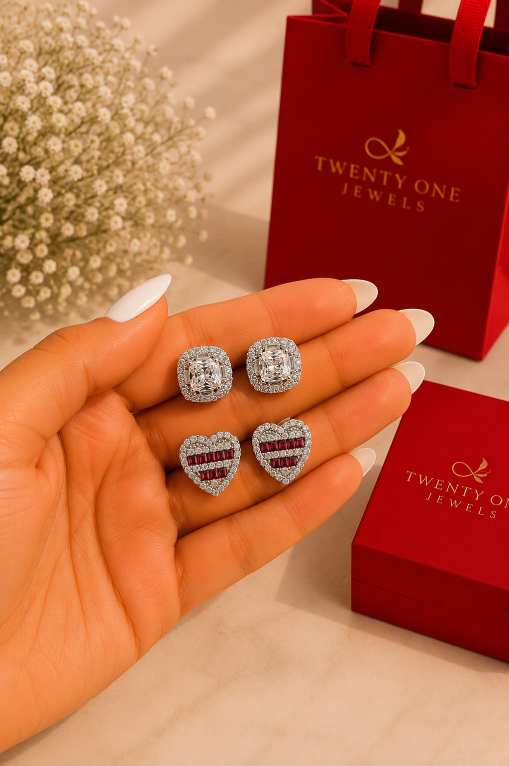 Twenty One Jewels Raksha Bandhan Combo of Princess Cut Solitaire Studs and Ruby Heart Baguette Studs on Pure 925 Silver