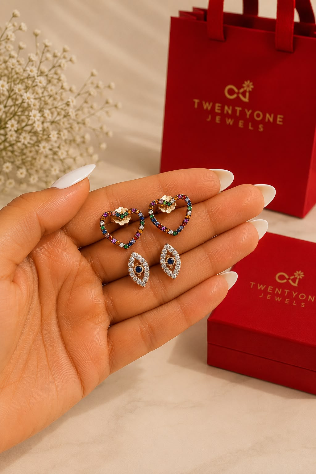 Twenty One Jewels Raksha Bandhan Combo of Rainbow Heart Studs and Evil Eye Studs on Pure 925 Silver