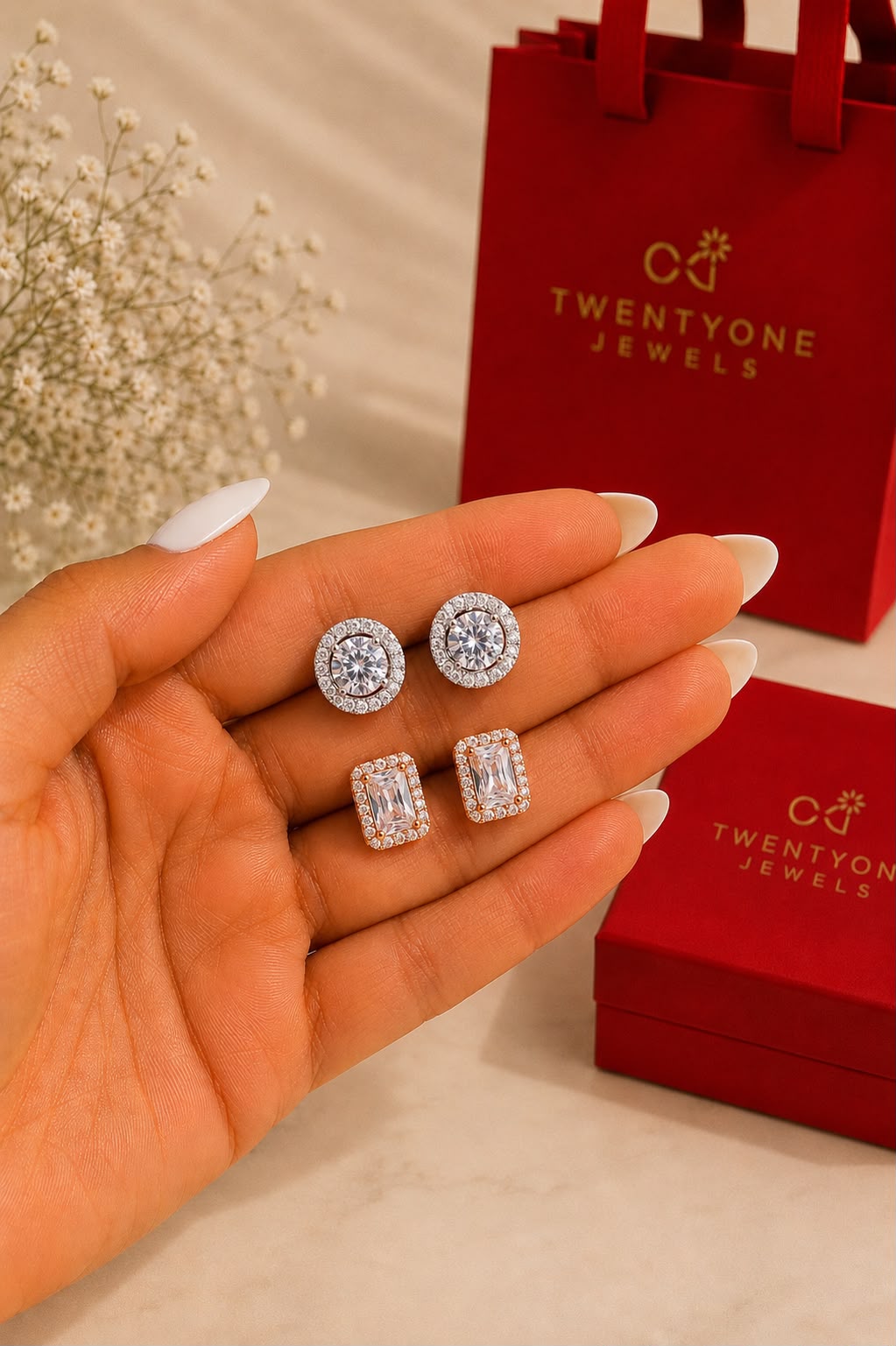 Twenty One Jewels Raksha Bandhan Combo of Mini Halo and Rose Gold Emerald Cut Studs on Pure 925 Silver