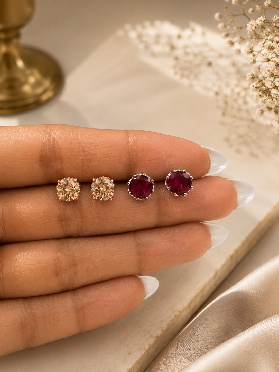 Twenty One Jewels Raksha Bandhan Combo of Yellow Solitaire and Ruby Solitaire Stud on Pure 925 Silver