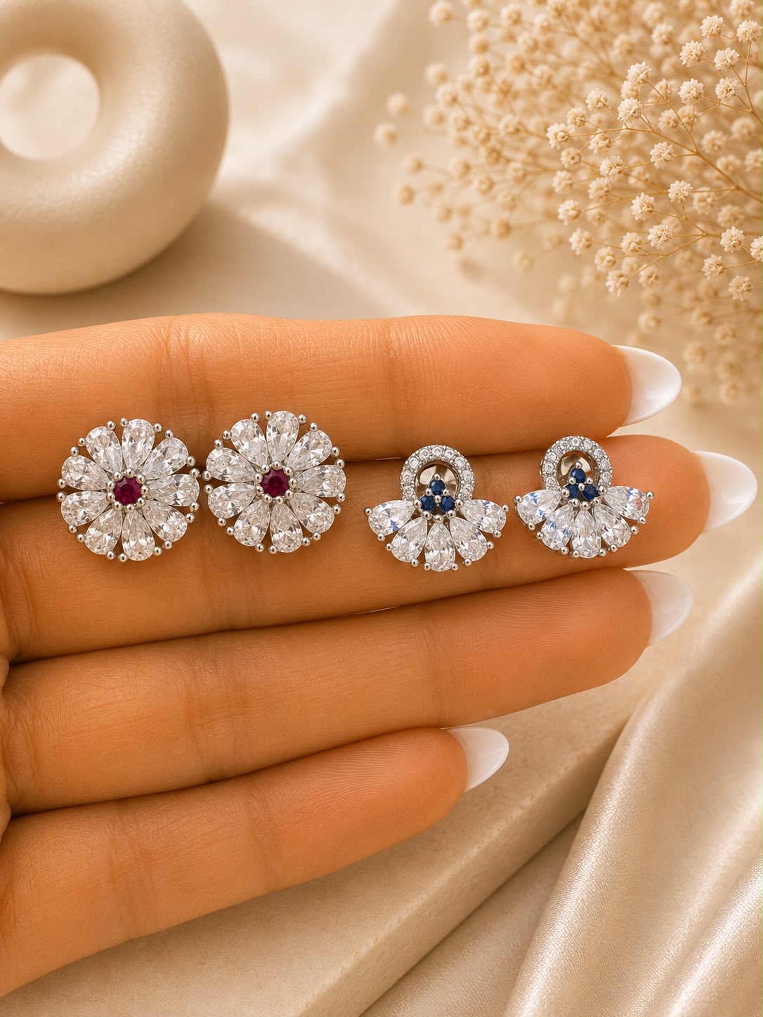 Twenty One Jewels Raksha Bandhan Combo of Ruby Bloom and Sapphire Aura Studs South Screw Backs on Pure 925 Silver.