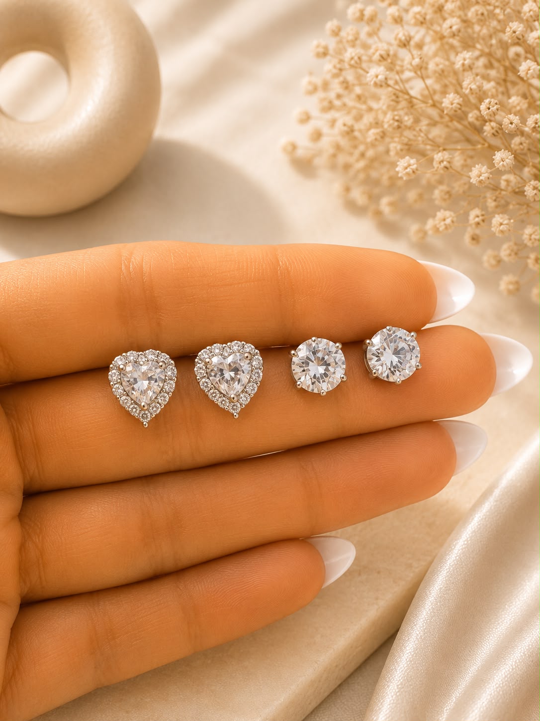 Twenty One Jewels Raksha Bandhan Combo of Heart Solitaire Halo Studs and Round Solitaire Stud on Pure 925 Silver