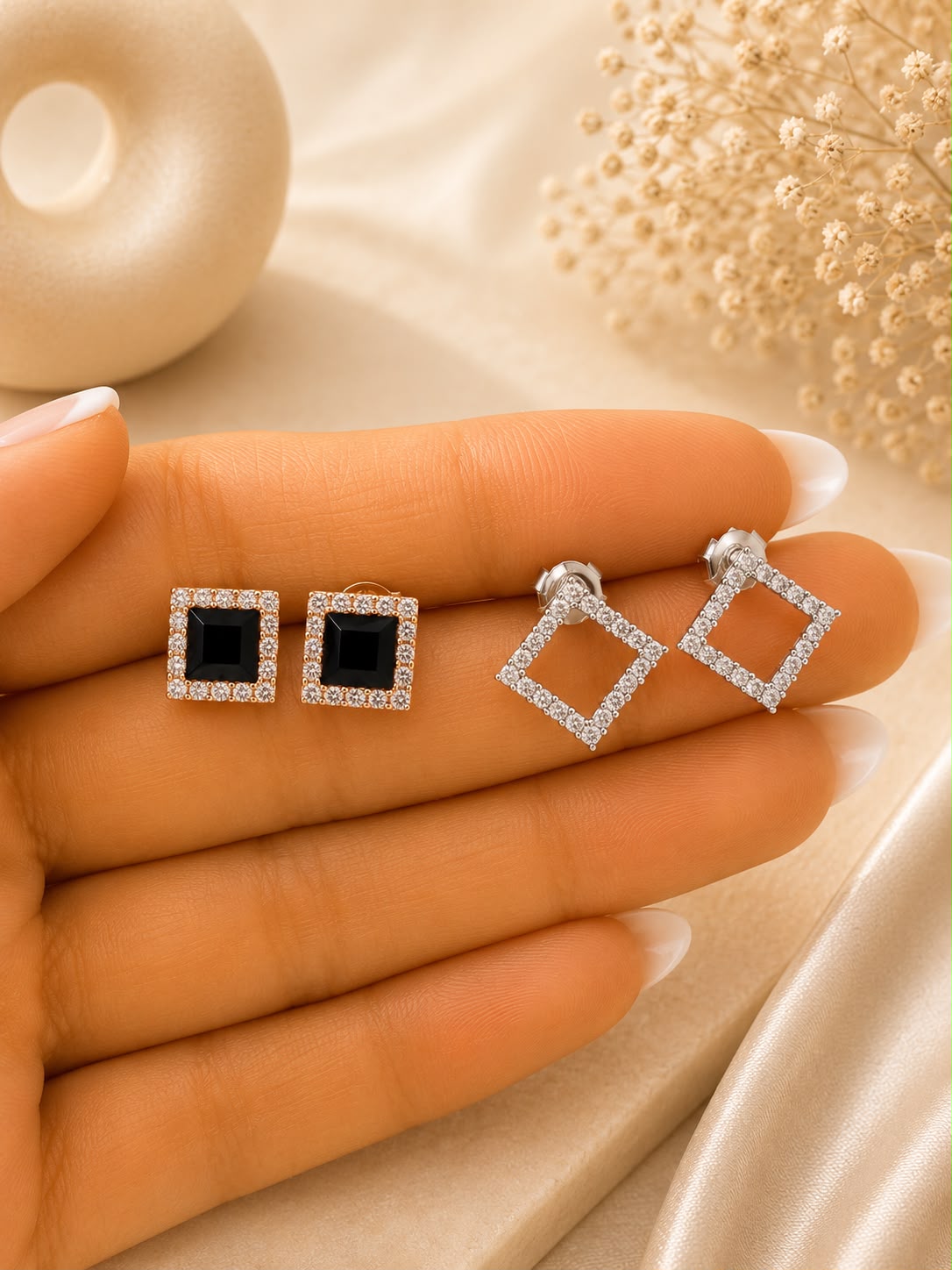 Twenty One Jewels Raksha Bandhan Combo of Rose Gold Black Square and Crystal Square Frame Stud on Pure 925 Silver