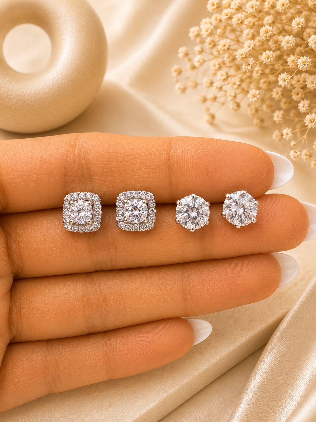 Twenty One Jewels Raksha Bandhan Combo of Square Halo and Round Solitaire Stud on Pure 925 Silver