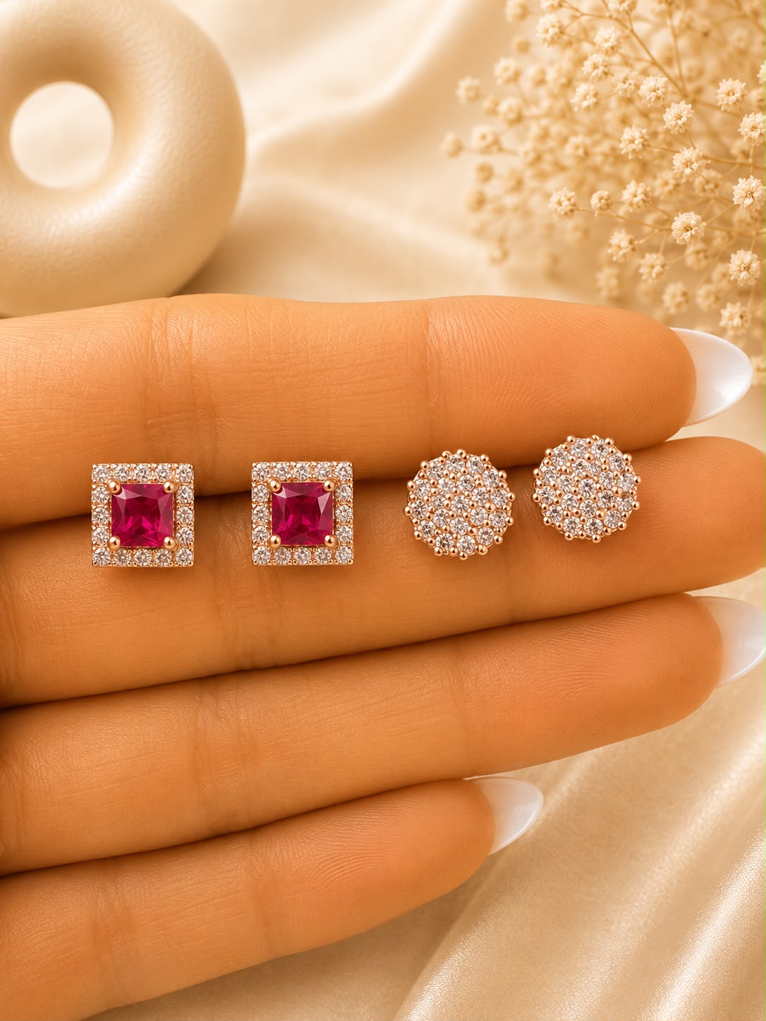 Twenty One Jewels Raksha Bandhan Combo of Ruby Square Halo and Rose Gold Round Pave Studs on Pure 925 Silver