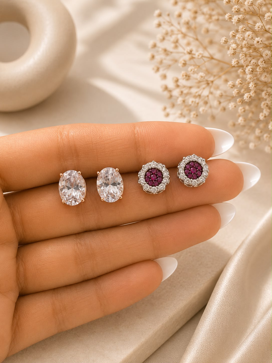Twenty One Jewels Raksha Bandhan Combo of Rose Gold Oval and Ruby Micro Setting Studs American Diamond on Pure 925 Silver