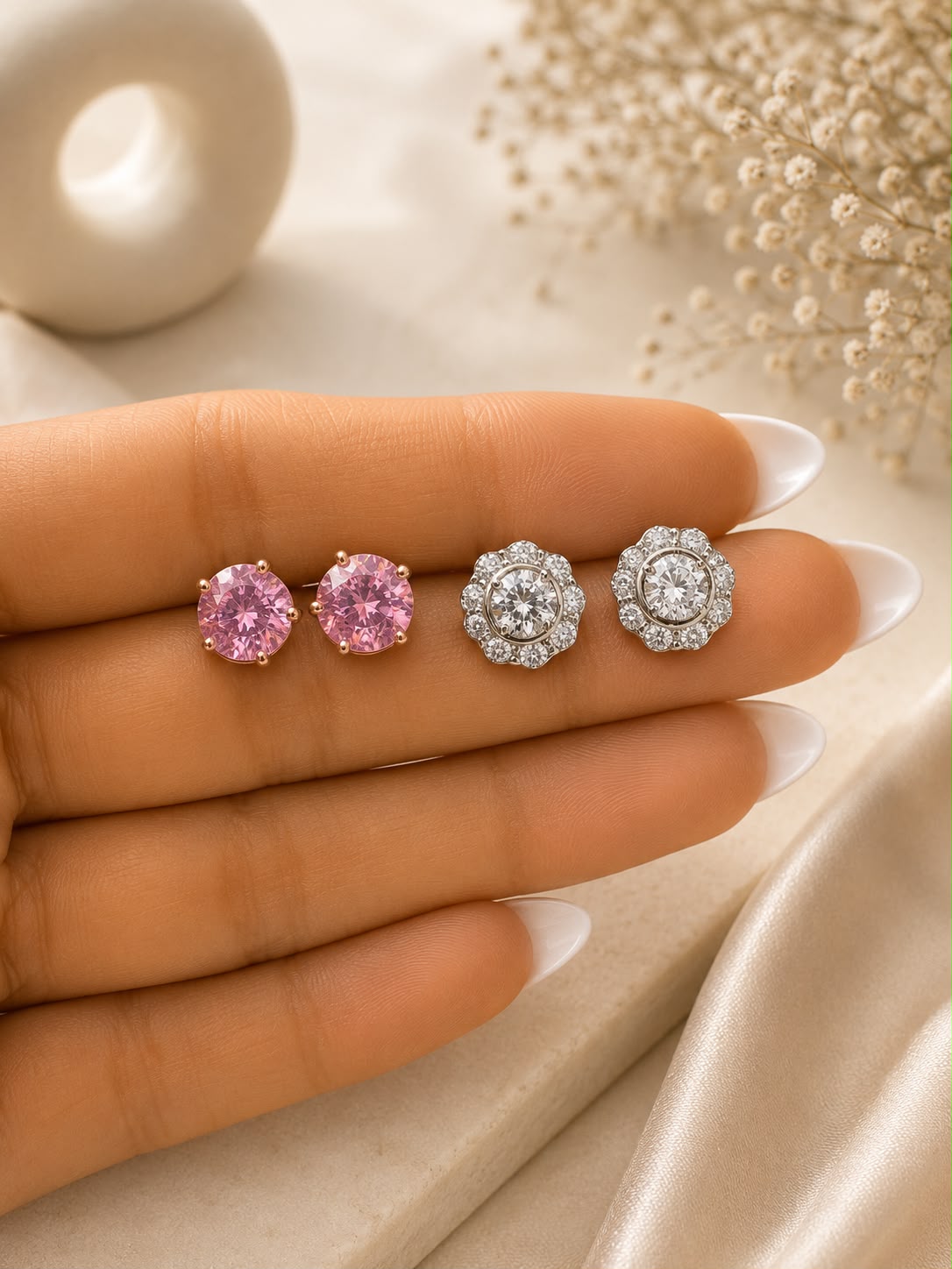 Twenty One Jewels Raksha Bandhan Combo of Pink Solitaire and Floral Diamond Stud on Pure 925 Silver