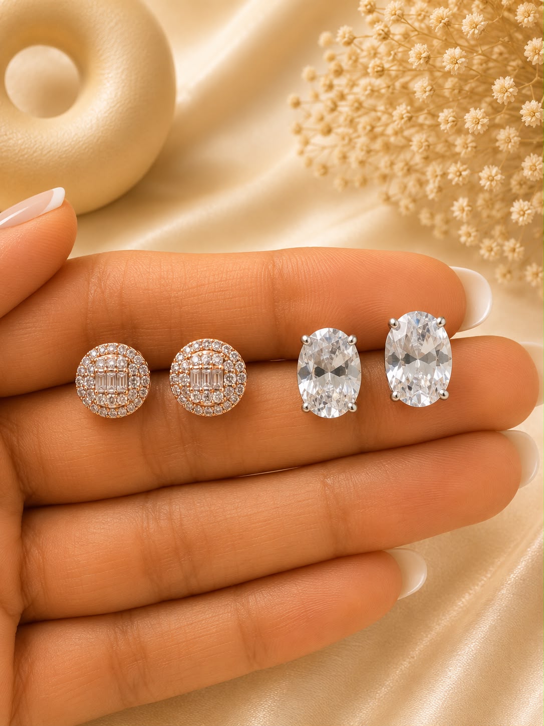 Twenty One Jewels Raksha Bandhan Combo of Round Rose Gold Halo and Oval Elegance Studs on Pure 925 Silver