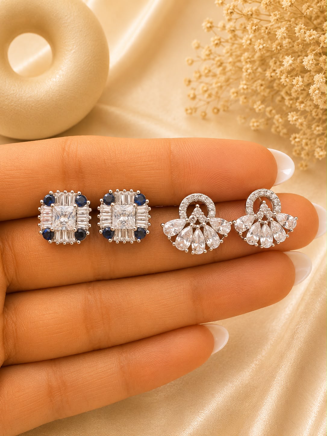 Twenty One Jewels Raksha Bandhan Combo of Princess Cut Solitaire and Blue Diamond and 5 Petal Drop Solitaire Earrings on Pure 925 Silver
