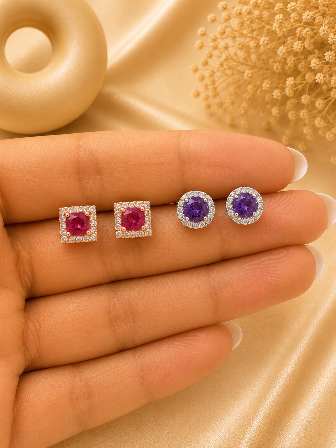 Twenty One Jewels Raksha Bandhan Combo of Ruby Square and Amethyst Halo Studs on Pure 925 Silver