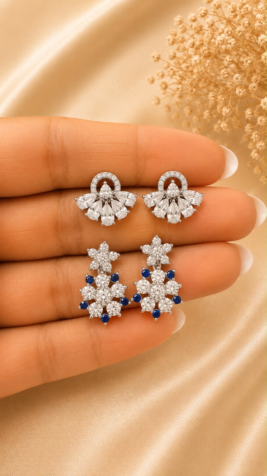 Twenty One Jewels Raksha Bandhan Combo of 5 Petal Drop and Sapphire Snowflake Studs on Pure 925 Silver