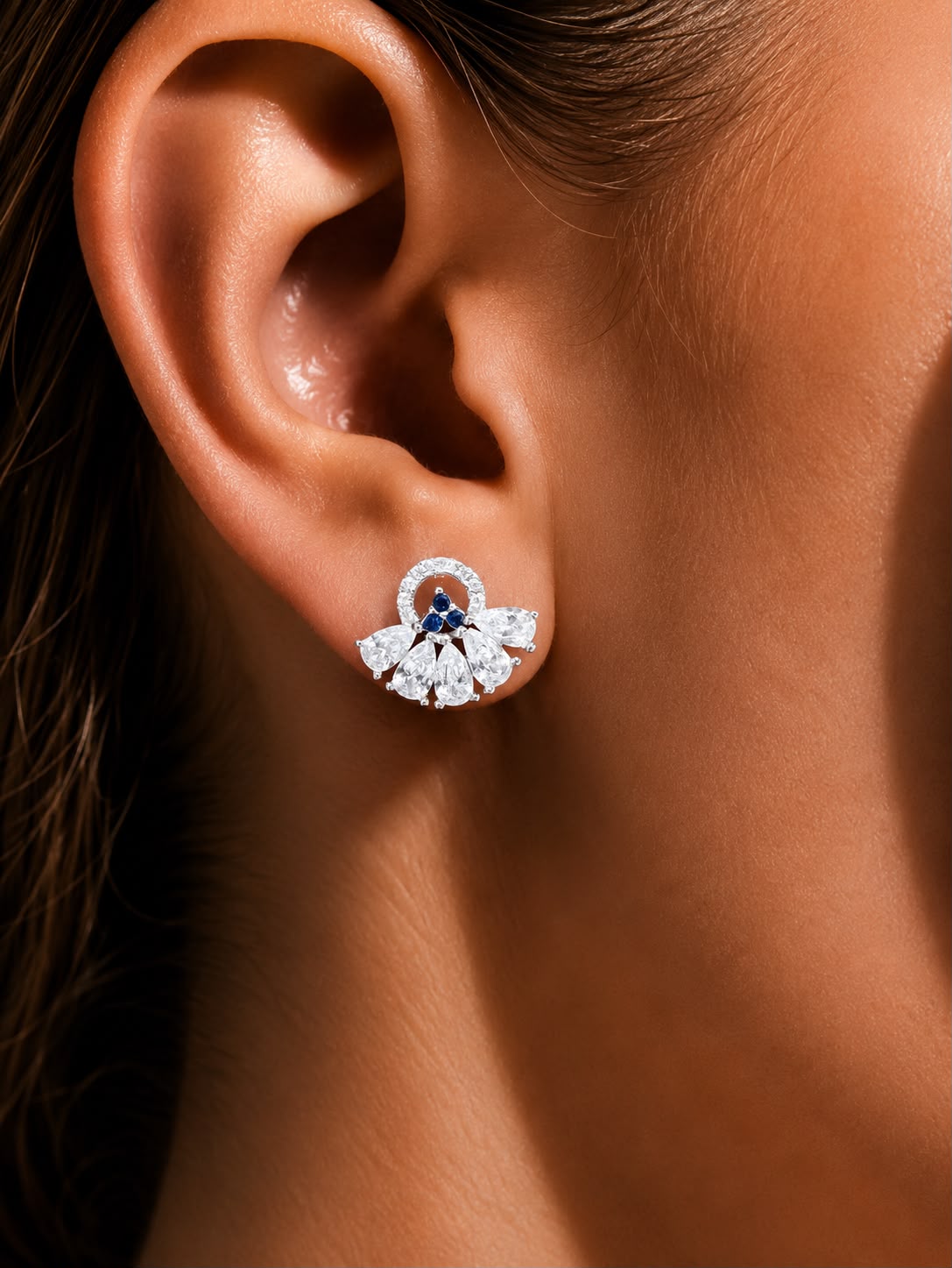 Blue Sapphire 5 Petal Drop Studs with South Screw Backs on Pure 925 Silver
