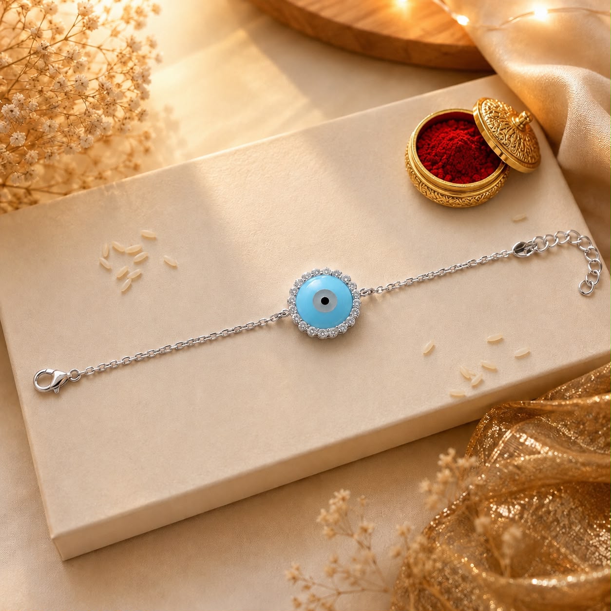 Twenty One Jewels Pure 925 Silver Evil Eye Brother Bhabhi Rakhi Bracelet Combo Set