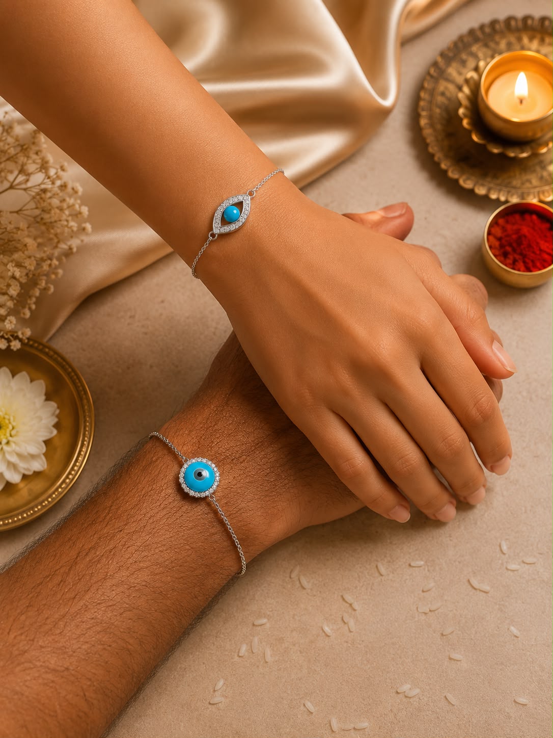 Twenty One Jewels Pure 925 Silver Evil Eye Brother Bhabhi Rakhi Bracelet Combo Set