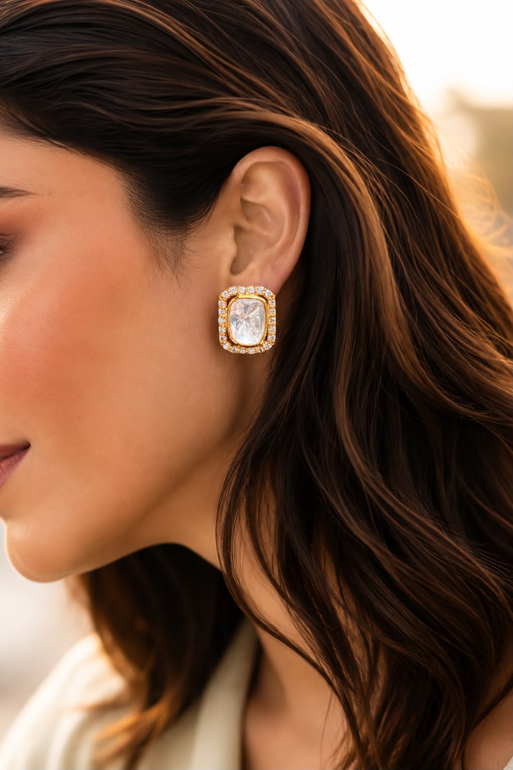 Pure 925 Silver Polki Ira Cushion Stud Earrings for Women | Twenty One Jewels