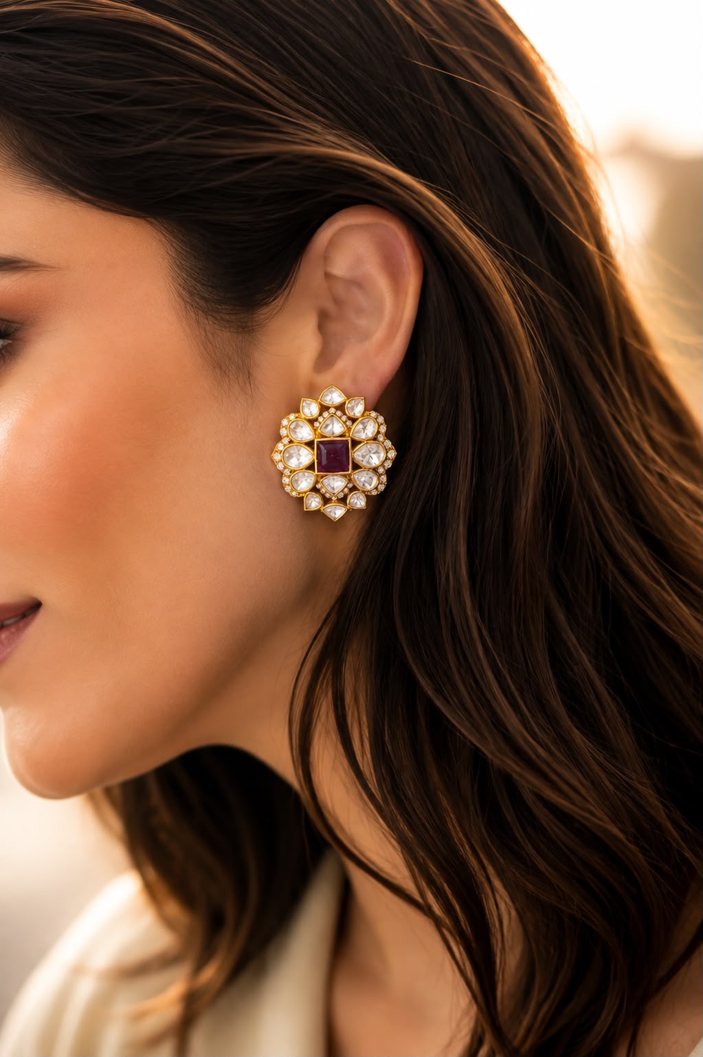 Pure 925 Silver Polki Meher Ruby Statement Stud Earrings for Women | Twenty One Jewels