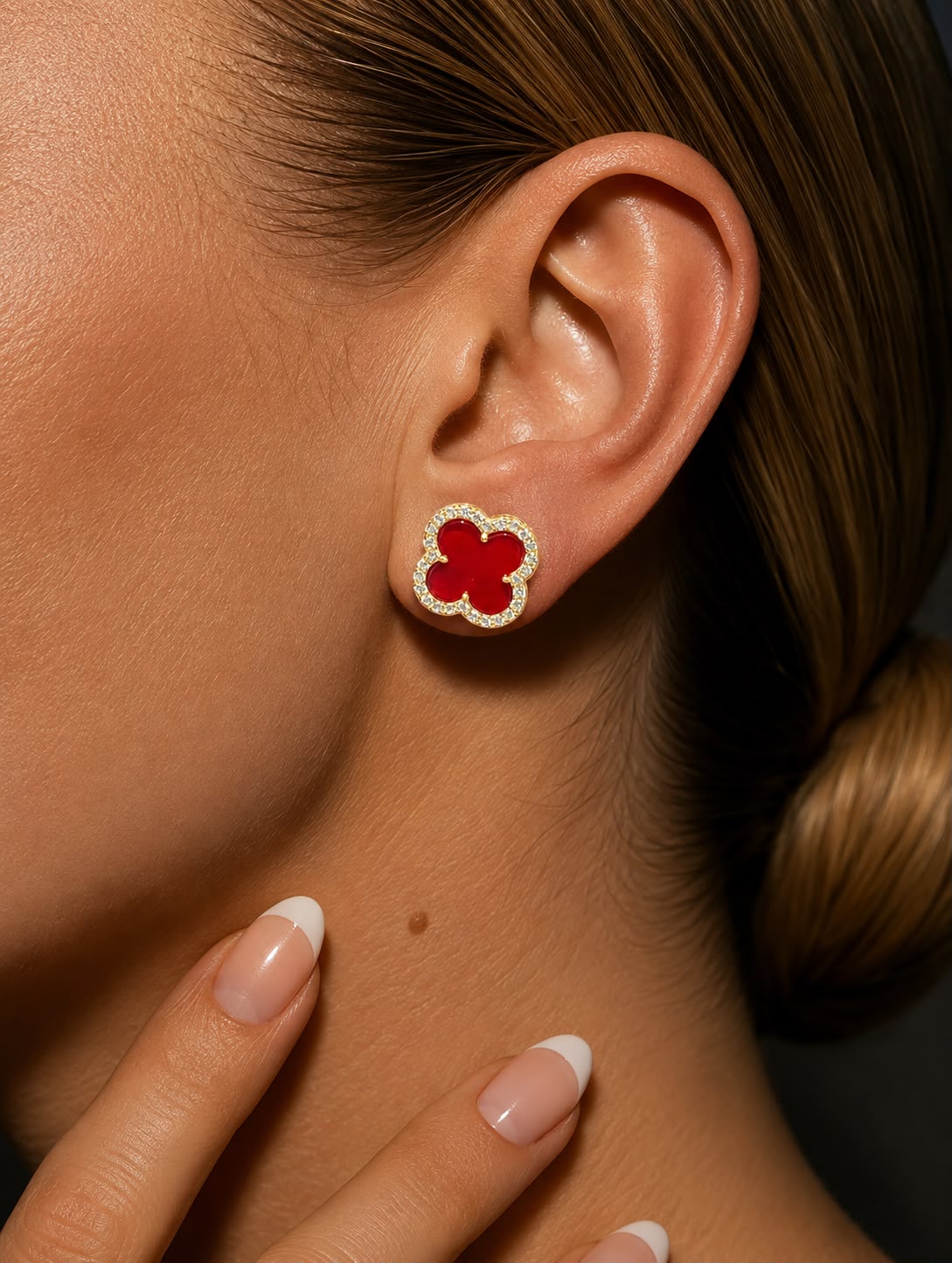 Ultra Premium Pure 925 Silver Rouge Red Clover American Diamond Stud Earrings for Women | Twenty One Jewels