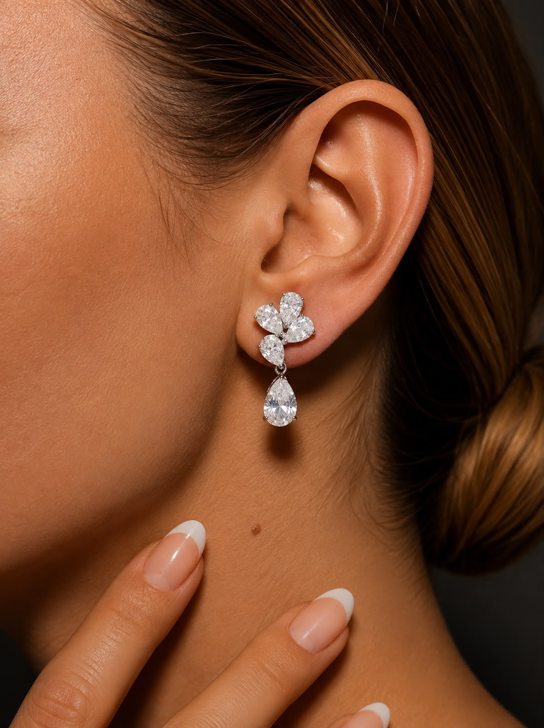 Ultra Premium Ice Cut American Diamond Pure 925 Silver Pear Cut Floral Cluster Solitaire Earrings for Women | Twenty One Jewels