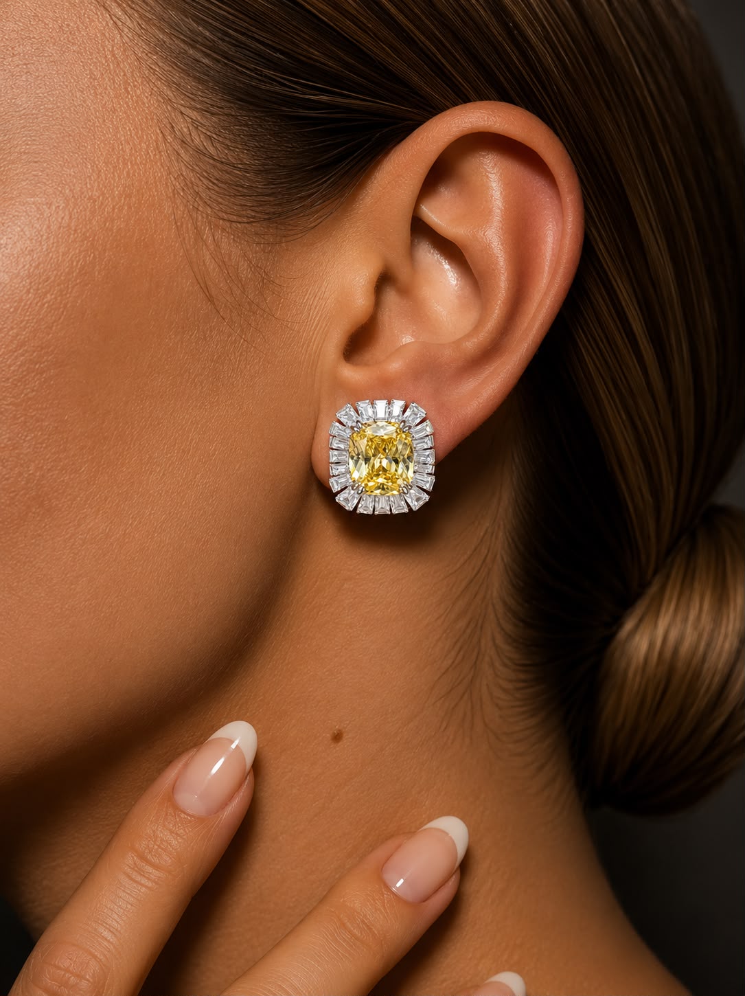Ultra Premium Ice Cut American Diamond Pure 925 Silver Fancy Yellow Cushion Cut Baguette Halo Statement Stud Earrings for Women |Twenty One Jewels