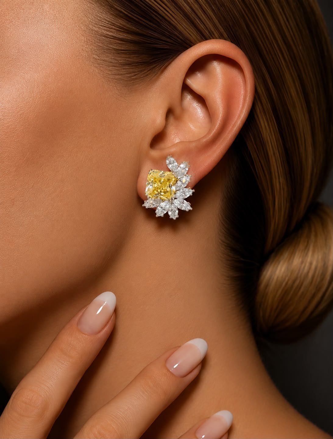 Ultra Premium Pure Silver 2.5 Carat Yellow Cushion Cut Solitaire Cocktail Studs with Marquise Diamond Clusters