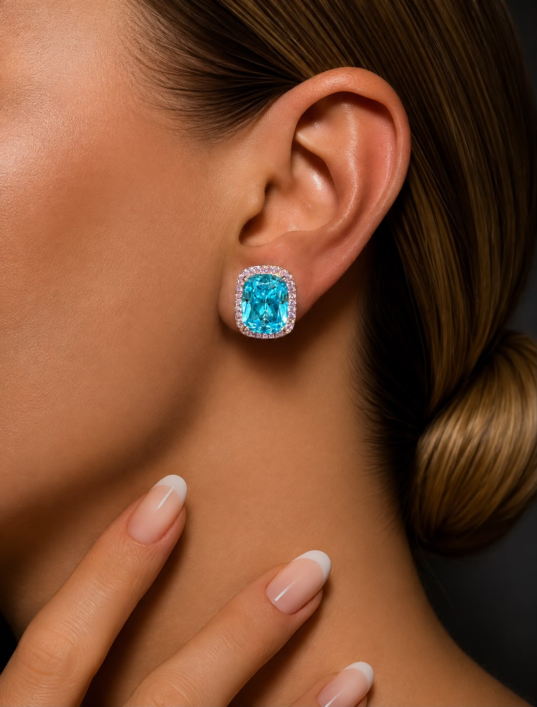 Ultra Premium Ice Cut American Diamond Pure 925 Silver Aqua Blue Cushion Cut Pink Halo Statement Stud Earrings for Women | Twenty One Jewels