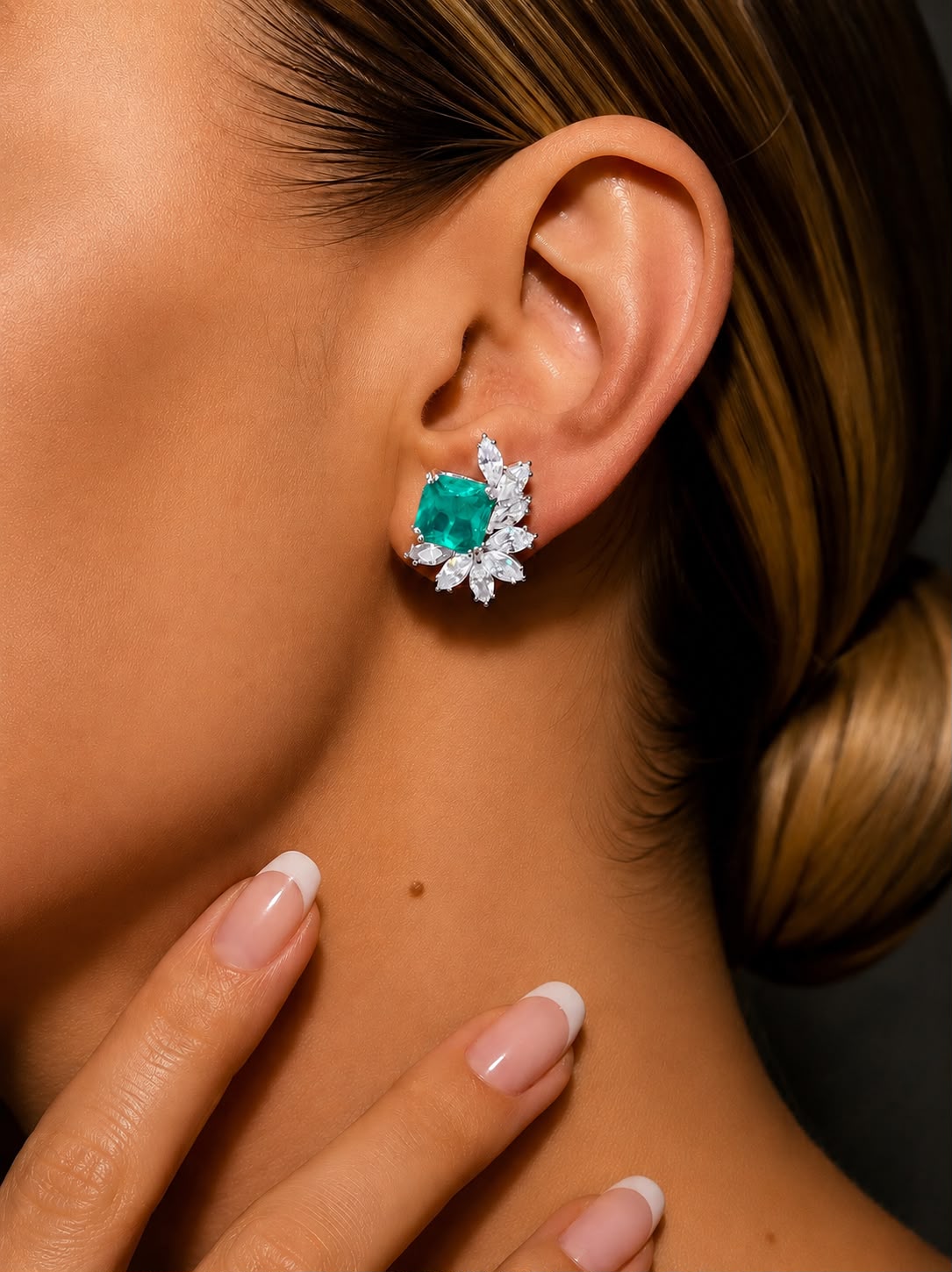 Ultra Premium Pure 925 Silver Celeste Emerald Green American Diamond Statement Stud Earrings for Women | Twenty One Jewels