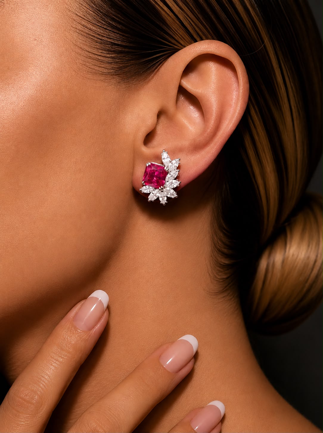 Ultra Premium Pure 925 Silver Valentina Ruby Pink American Diamond Statement Stud Earrings for Women | Twenty One Jewels