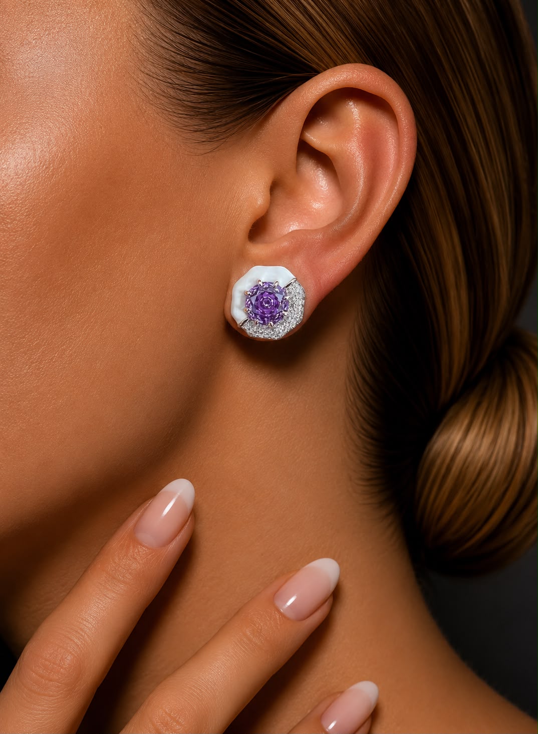 Ultra Premium Pure 925 Silver Florence Purple Floral Enamel American Diamond Stud Earrings for Women | Twenty One Jewels