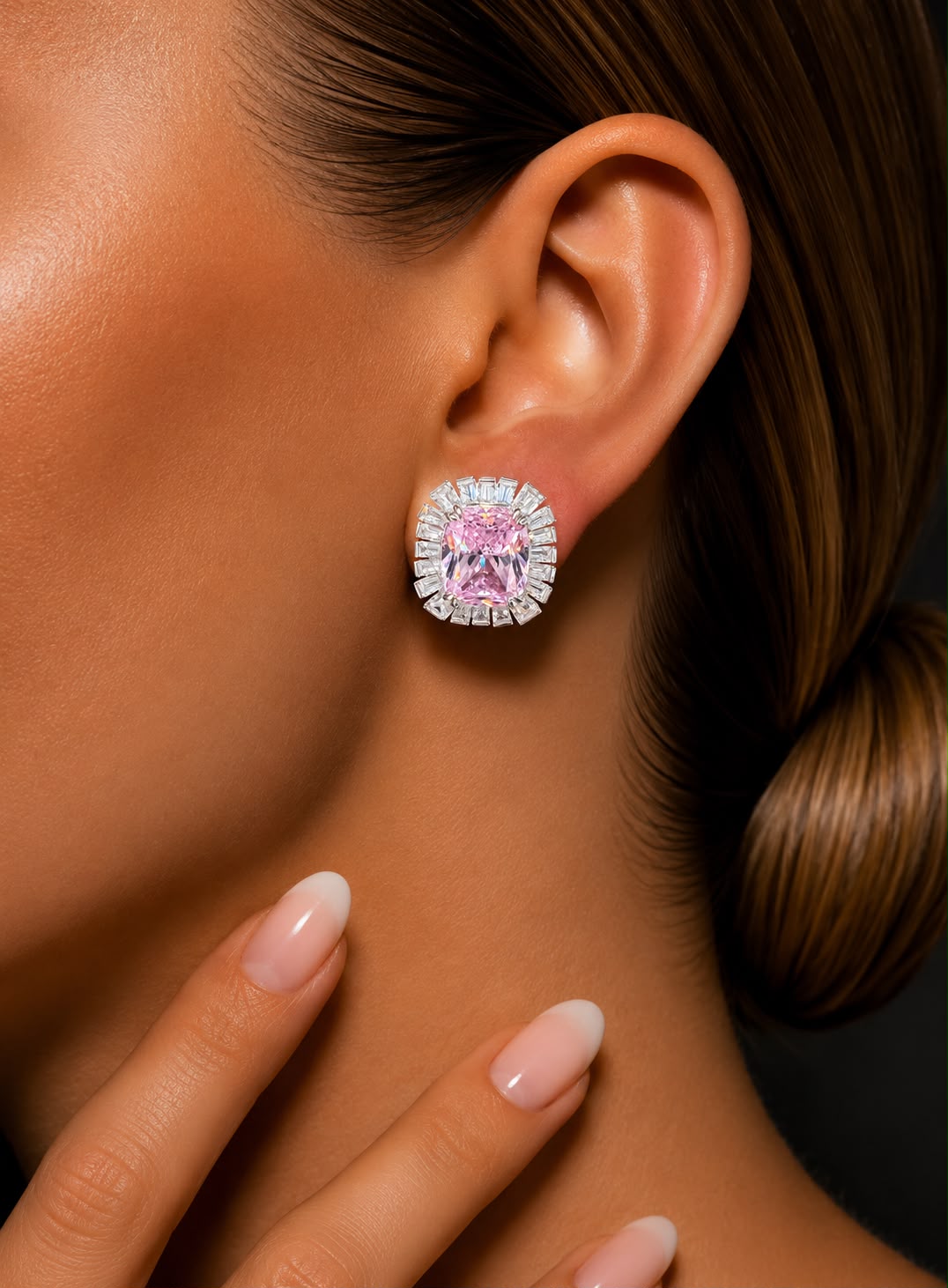 Ultra Premium Pure 925 Silver Genevieve Pink Cushion American Diamond Halo Stud Earrings for Women | Twenty One Jewels