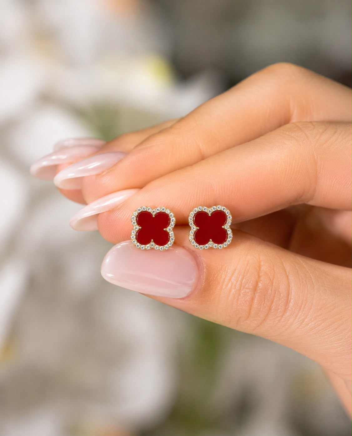 Ultra Premium Pure 925 Silver Rouge Red Clover American Diamond Stud Earrings for Women | Twenty One Jewels