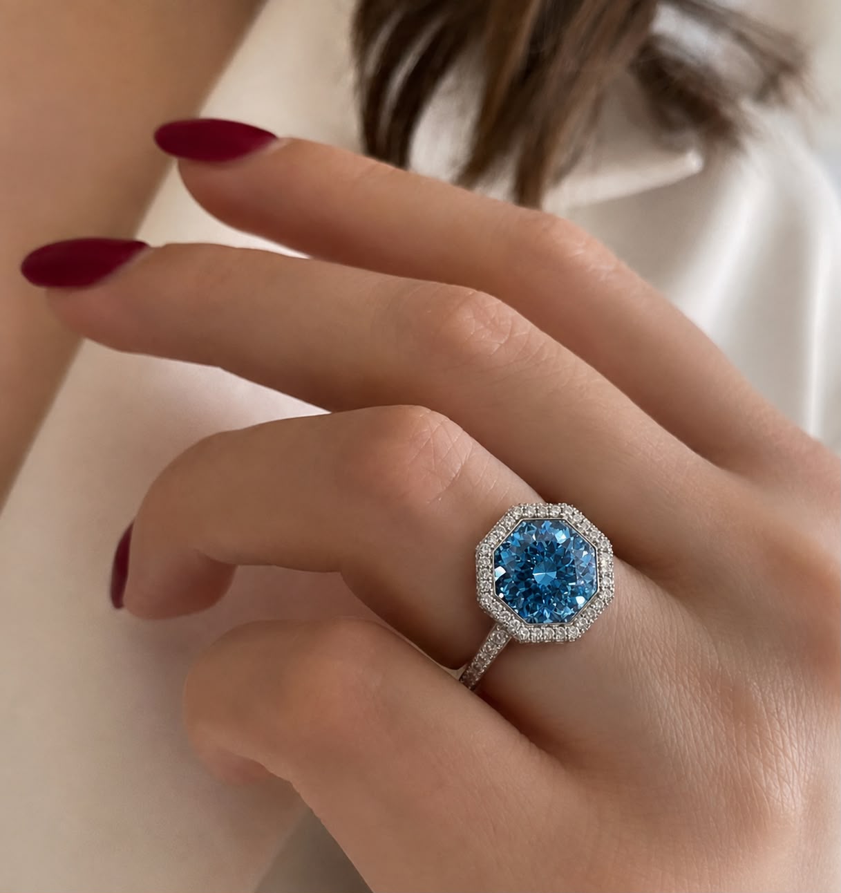 Ultra Premium Ice Cut American Diamond Pure 925 Silver Royal Blue Octagon Cut Solitaire Double Halo Statement Ring for Women