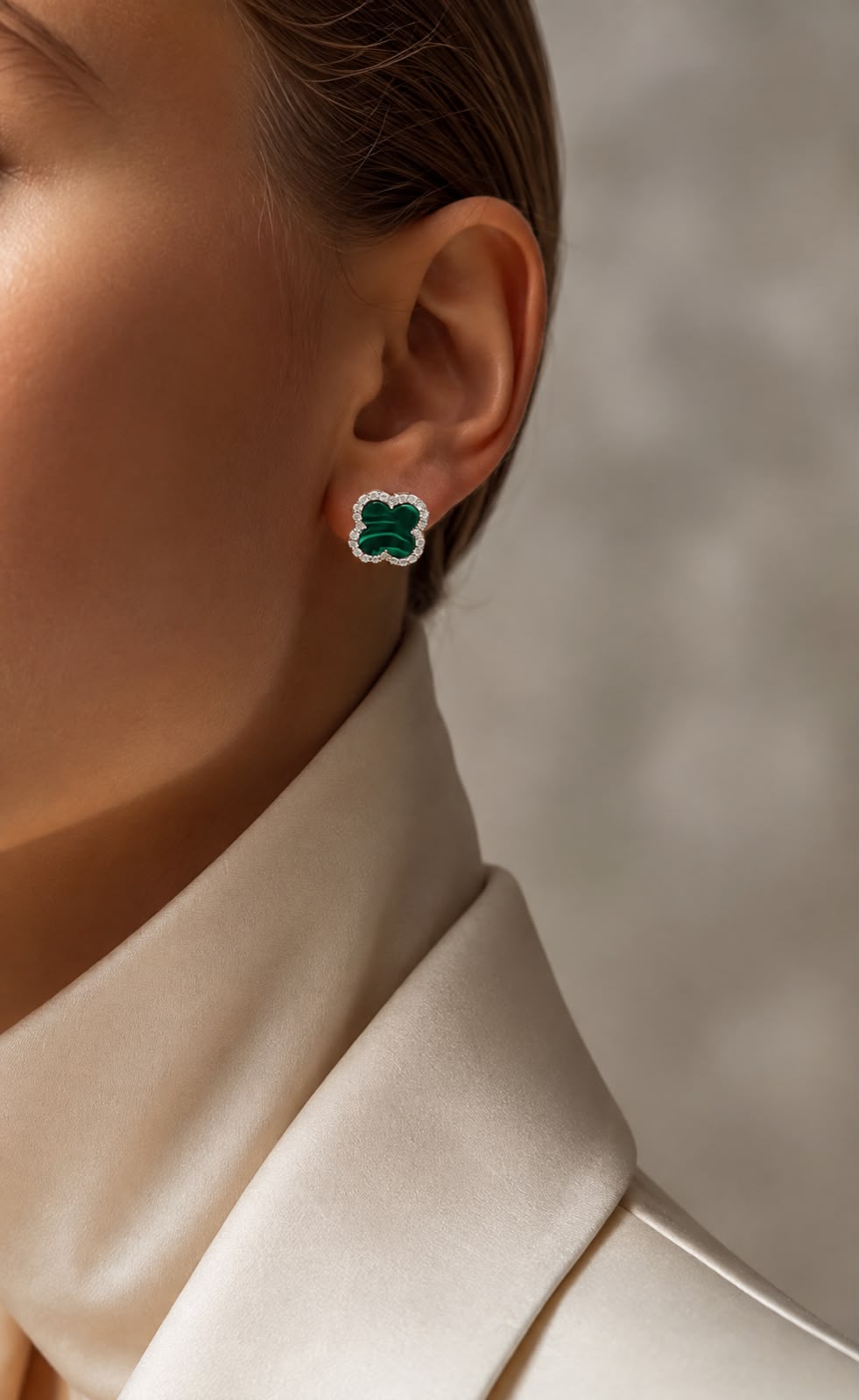 Pure 925 Silver Green Malachite Enamel Clover Stud Earrings