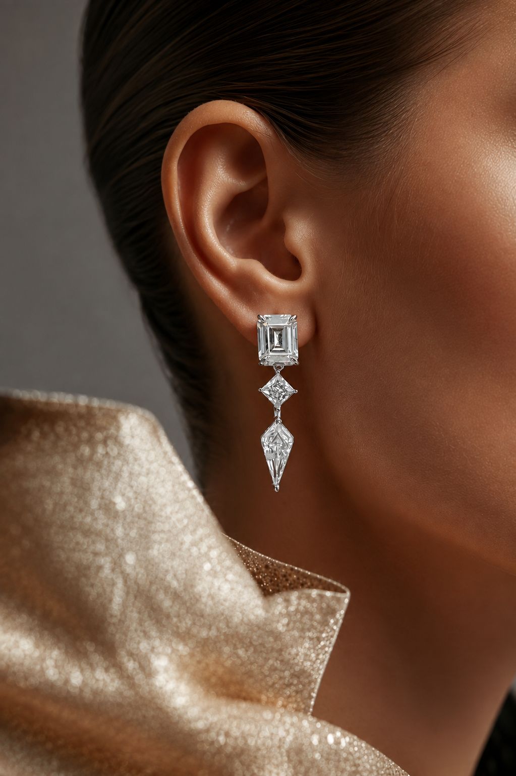 Ultra Premium Ice Cut American Diamond Pure 925 Silver Emerald, Princess & Kite Cut Three Stone Statement Drop Earrings for Women