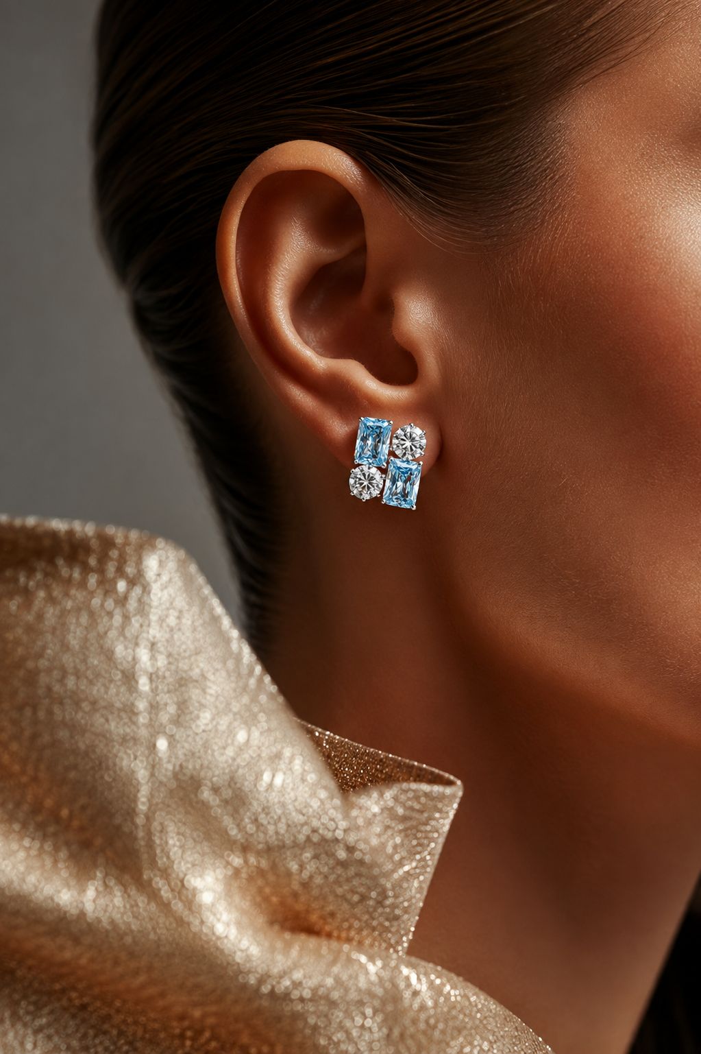 Ultra Premium Ice Cut American Diamond Pure 925 Silver Aqua Blue Radiant & Round Cut Four Stone Cluster Stud Earrings for Women