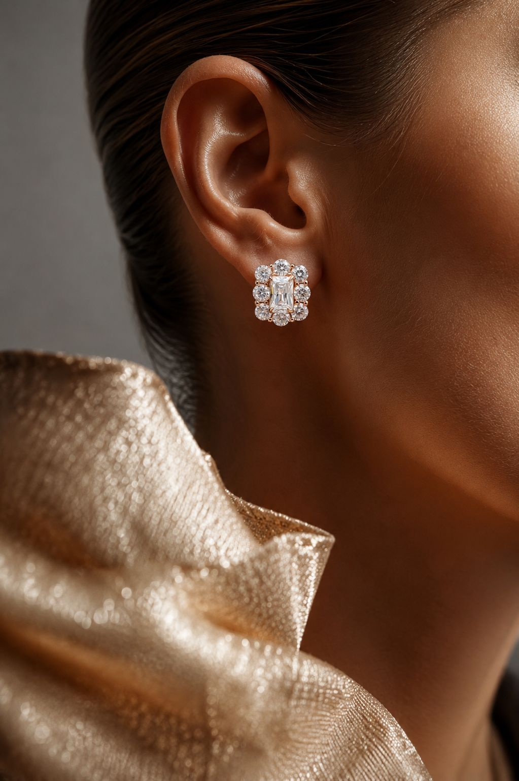Ultra Premium Ice Cut American Diamond Pure 925 Silver Emerald Cut Solitaire Round Halo Stud Earrings in Rose Gold Finish for Women