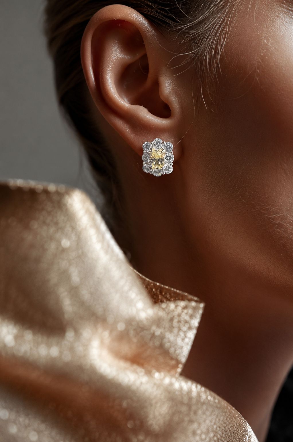 Ultra Premium Ice Cut American Diamond Pure 925 Silver Fancy Yellow Radiant Cut Round Halo Statement Stud Earrings for Women