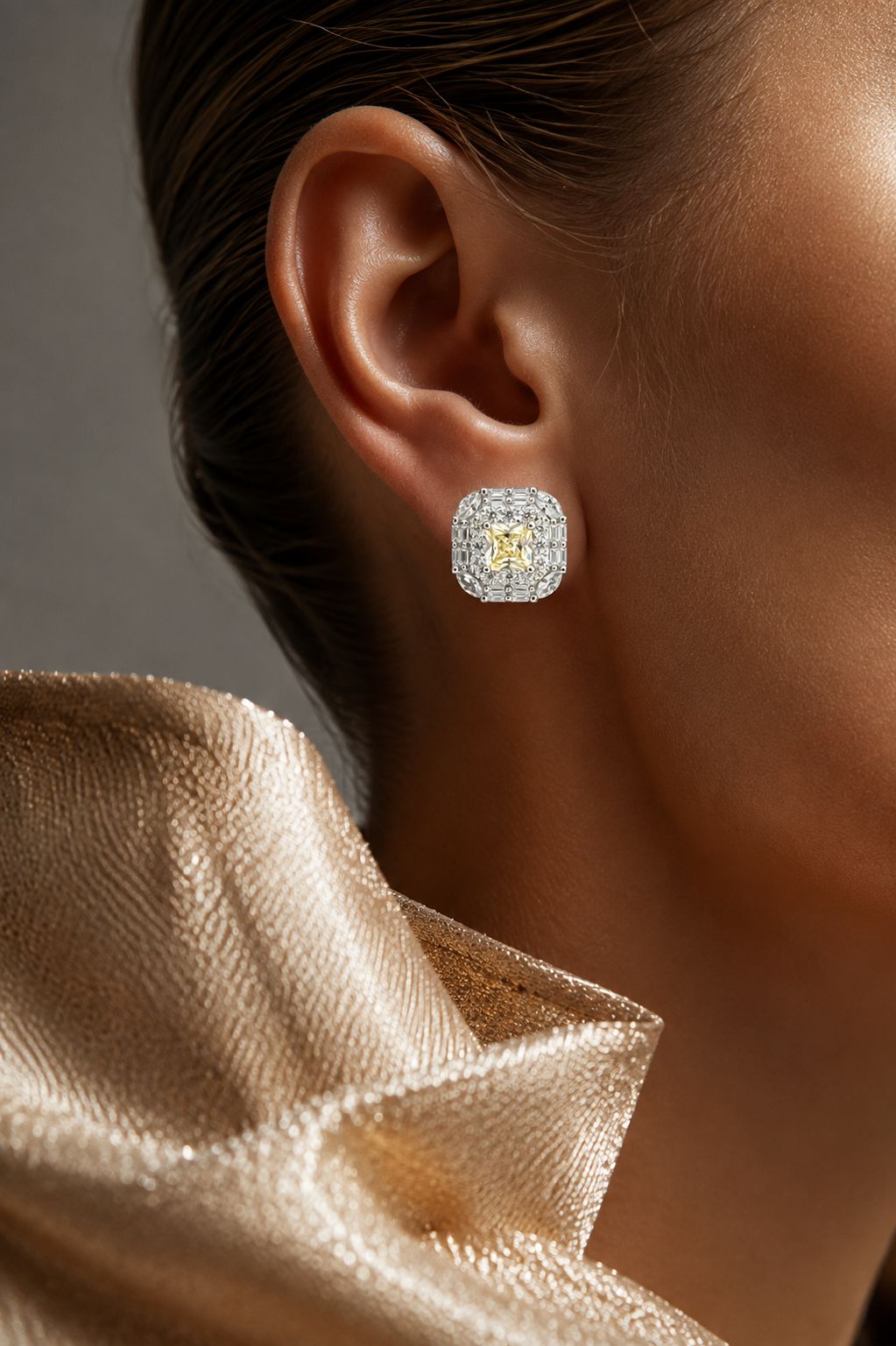 Ultra Premium Ice Cut American Diamond Pure 925 Silver Fancy Yellow Princess Cut Baguette Halo Statement Stud Earrings for Women