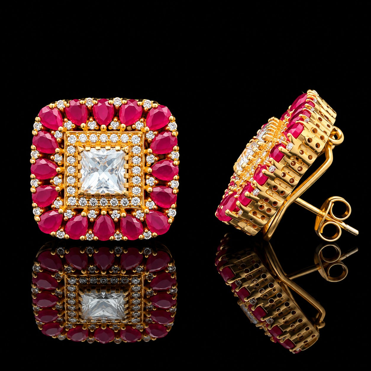 Pure 925 Silver Square Polki Studs with Oval Rubies