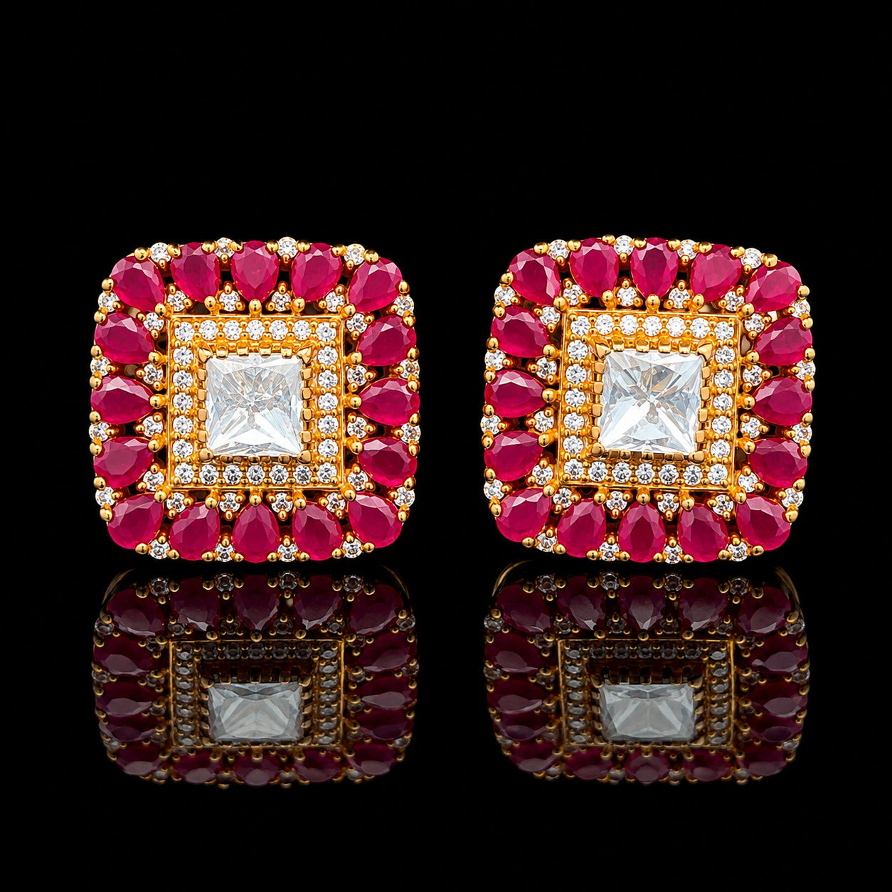Pure 925 Silver Square Polki Studs with Oval Rubies