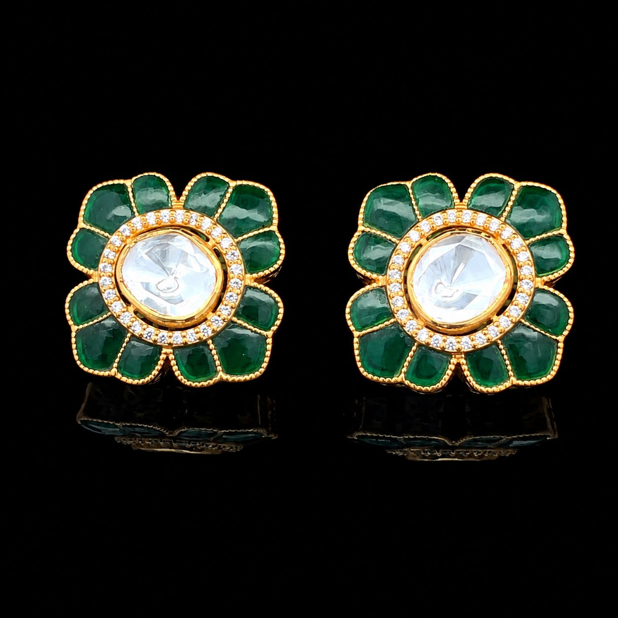 Pure 925 Silver Green Enamel 1 Carat Centre Polki Stud Earrings