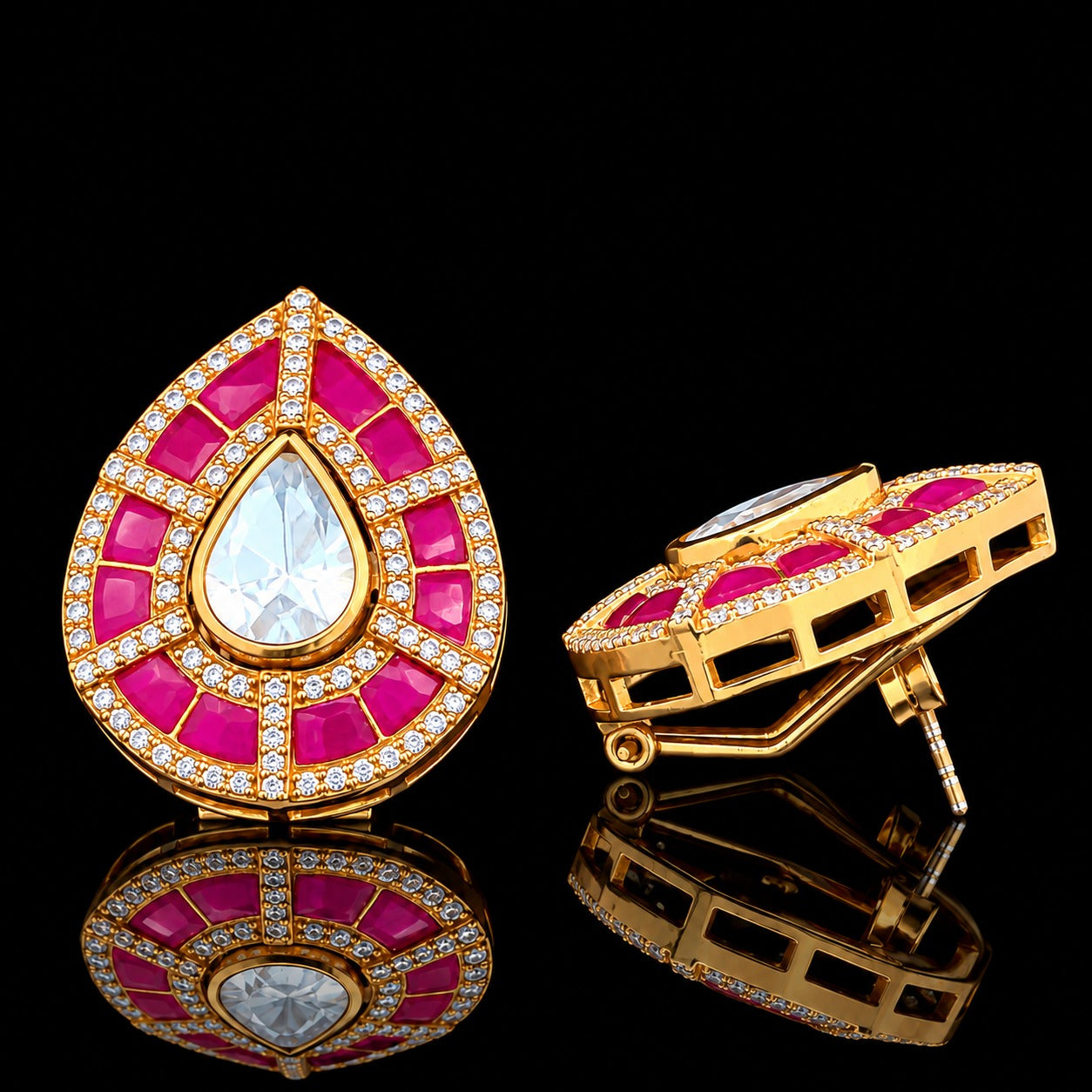 Pure Silver Ruby Drop Polki Zari Stud Earrings