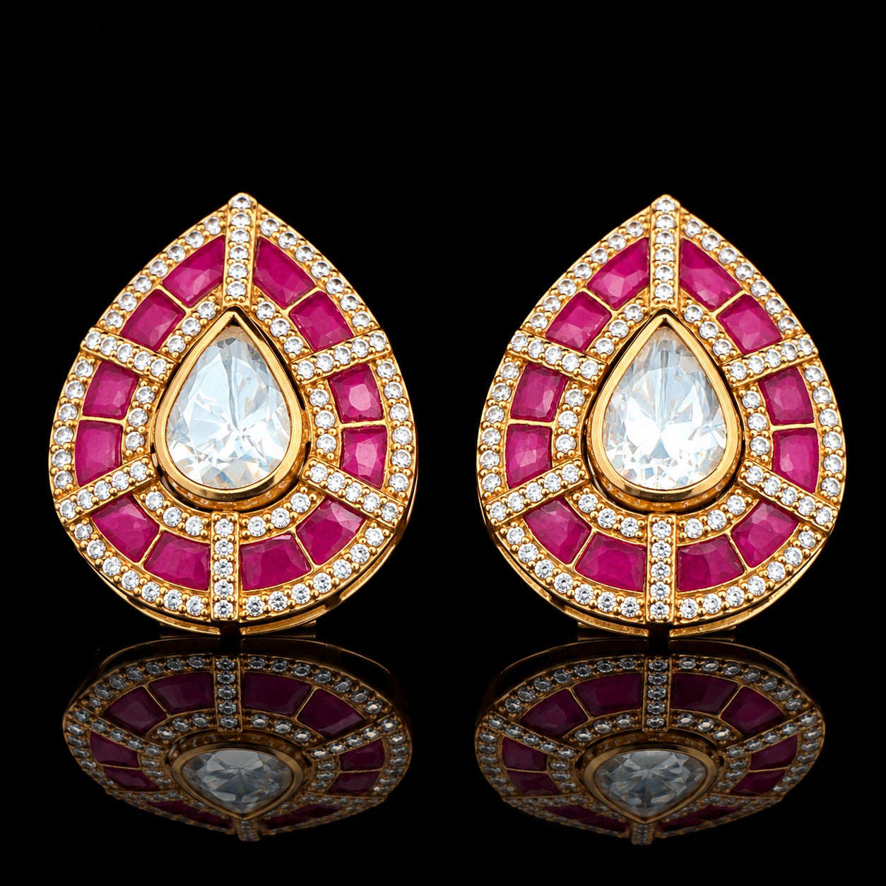 Pure Silver Ruby Drop Polki Zari Stud Earrings