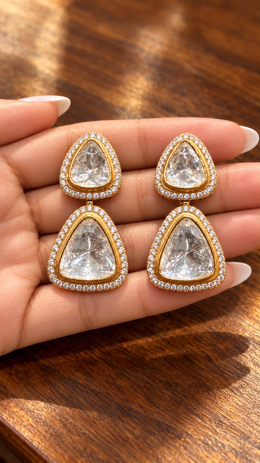 Premium Pure Silver Gold Finish Polki Double Drop Earrings