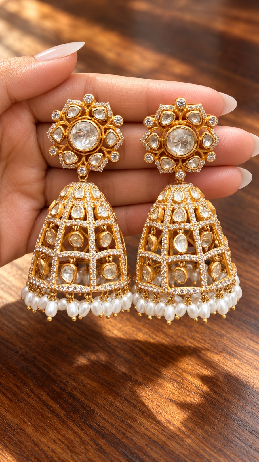 Premium Pure 925 Silver Heavy Jaal Gold Finish Bridal Polki Earrings